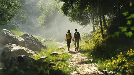 Back view of young couple with backpacks walking on path through forest
