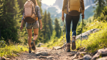 Back view of two girls hikers with backpacks walking on mountain trailの写真素材