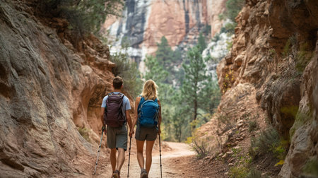 Hiking couple with backpacks in Zion National Park, Utah, USAの写真素材