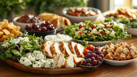 Plate with different types of salad on wooden table, closeup