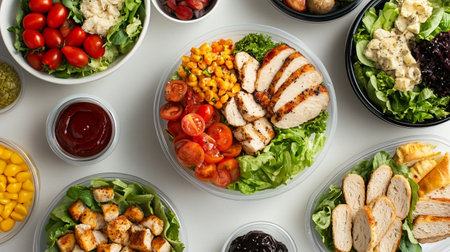 Healthy food in plastic containers on white background, top view. Flat lay