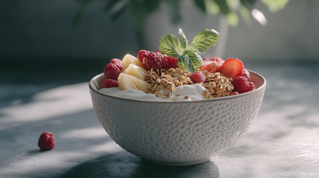 Bowl with tasty yogurt and granola on table, closeup