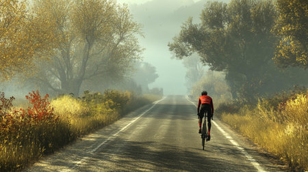 Cyclist riding on the road in the autumn misty morningの写真素材