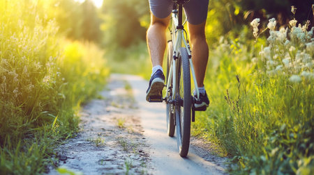 Cyclist riding bicycle on the road at sunset. Healthy lifestyle.
