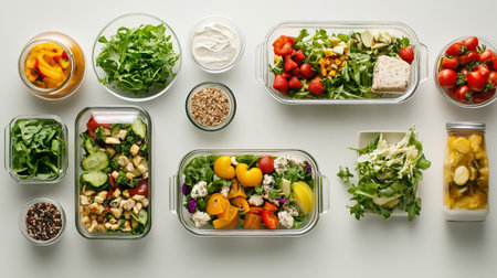 top view of salads in plastic containers on white background, diet food