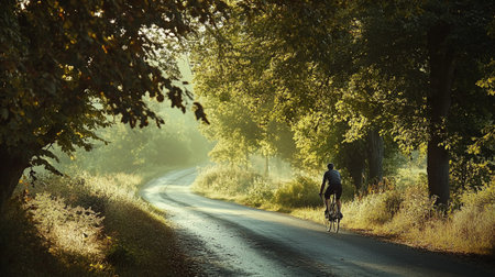 Cyclist on the road in the autumn forest at dawn.の写真素材