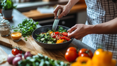 Close up of female hands cooking salad in the kitchen. Housewife is holding a fork and knife.の写真素材