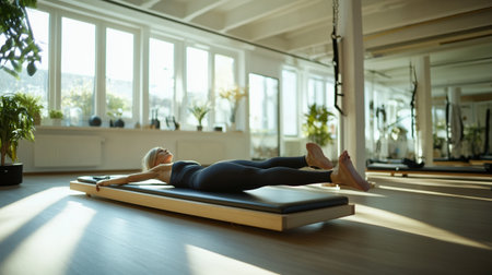 Young woman practicing yoga at home. She is lying on a yoga mat.のeditorial素材