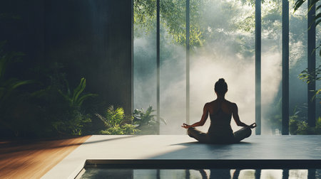 Young woman practicing yoga in front of a window. 3d renderingの写真素材