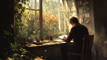 man sitting at the table and writing in a notebook