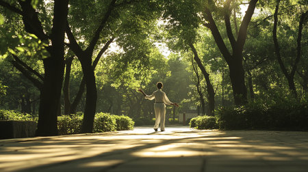 Young woman practicing karate in the park. Concept of healthy lifestyle.の写真素材