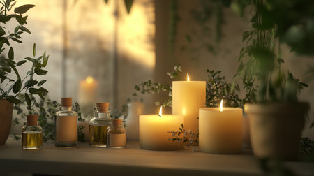Beautiful spa composition with burning candles and essential oil on table indoorsの写真素材