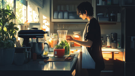 Young asian woman making smoothie in the kitchen at home.の写真素材