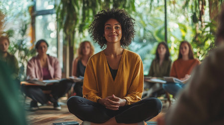 Portrait of young businesswoman sitting in front of her colleagues in creative officeの写真素材
