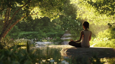 Young woman practicing yoga in the park at sunrise. Healthy lifestyle concept.の写真素材