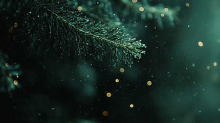 Fir branch with dew drops on a dark background. Christmas backgroundの写真素材