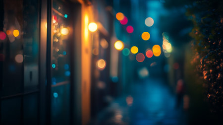 Blurred background of night city street with bokeh lights.の写真素材