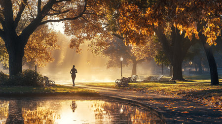 Woman jogging in the park at sunrise. Beautiful autumn landscape.