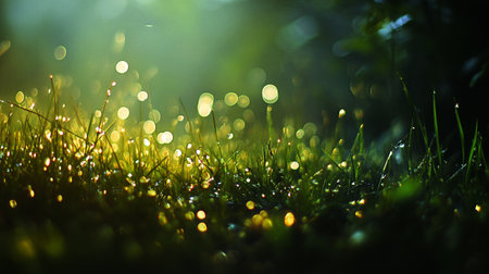 Green grass with dew drops in the morning. Nature background.の写真素材