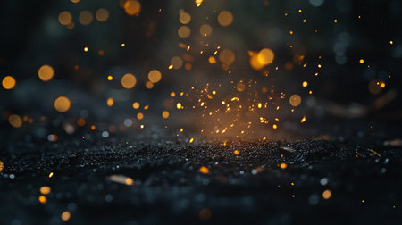 golden sparks fly in the dark with bokeh background.の写真素材