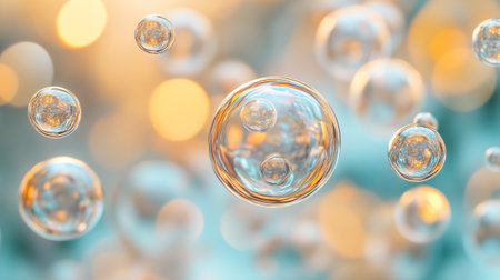 3d illustration of soap bubbles floating in water with bokeh background