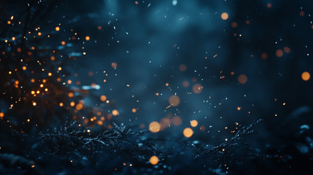 Frozen winter forest with snow covered trees and bokeh lights.