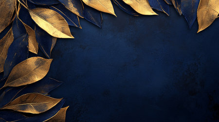 Golden leaves on dark blue background with copy space. Template for design