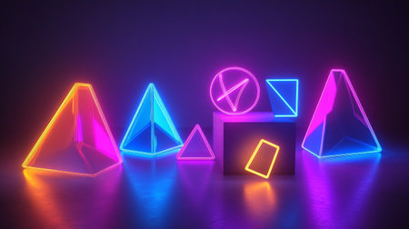 Glowing neon pyramid on a dark background. 3d rendering.の写真素材