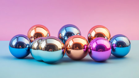 Christmas baubles on a pink and blue background with copy spaceの写真素材