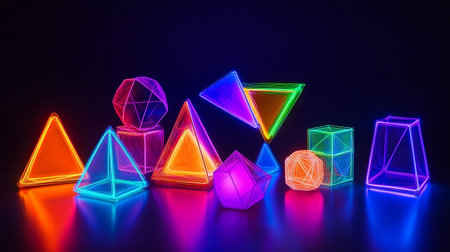 3d rendering of multicolored geometric figures on a dark backgroundの写真素材
