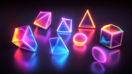 3d rendering of glowing geometric shapes in neon light on dark background