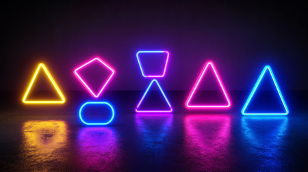 3d render, abstract neon geometric background, glowing triangle in dark room with reflectionsの写真素材
