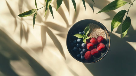 Healthy breakfast bowl with oatmeal, berries and green leaves. Top view, copy spaceの写真素材