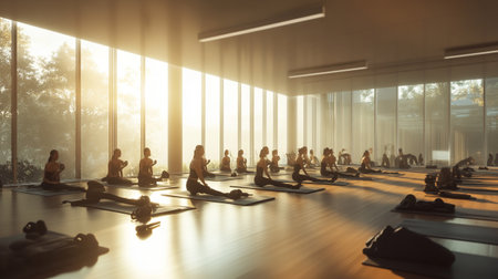 3d render of a group of people practicing yoga in a gymの写真素材