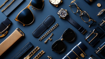 Men's accessories on dark blue background. Flat lay, top view.の写真素材