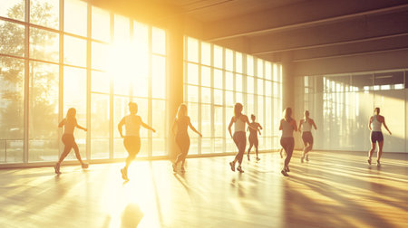 Group of people running in modern bright office with sunlight. Mixed mediaの写真素材