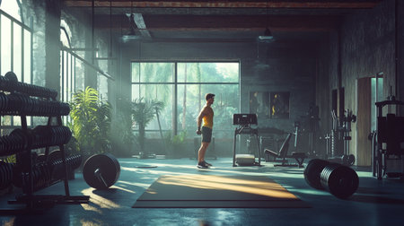Attractive sportsman doing exercise in modern gym. Mixed mediaの写真素材