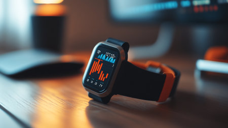 Close-up view of smart watch with digital display on table in officeの写真素材