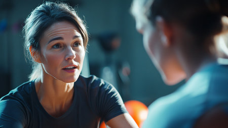 Portrait of young woman exercising with personal trainer in fitness studio.の写真素材