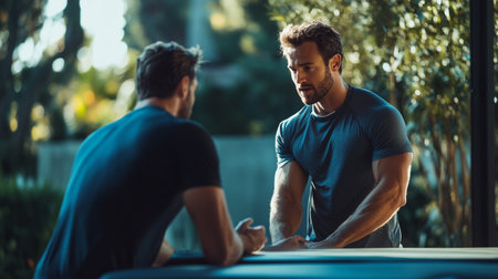 Handsome young man doing stretching exercises with personal trainer in gym