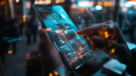 Smartphone in the hands of a man on the background of the city