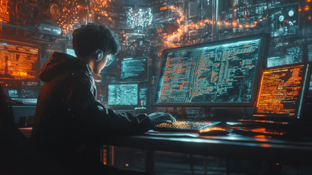 Cyber security concept. Hacker man in dark room with computer.