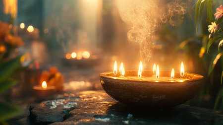 Burning candles in a clay bowl on a wooden table in the gardenの写真素材