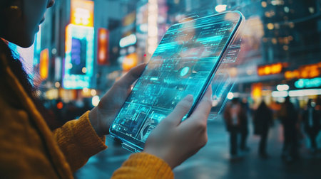 Woman using a smartphone in the city at night. Close-up