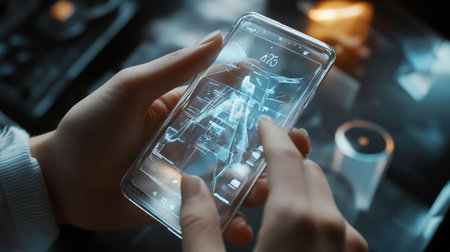 Close up of woman hands holding smartphone with x-ray image on screenの写真素材