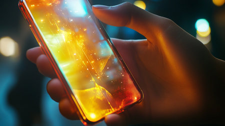 Close-up image of hand holding mobile phone with abstract glowing backgroundの写真素材