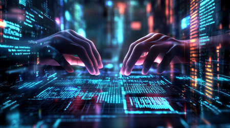 Hands touching digital screen with binary code. 3D Rendering