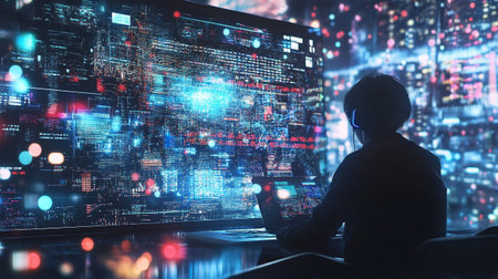 Programmer working on a computer in the night city. Mixed mediaの写真素材