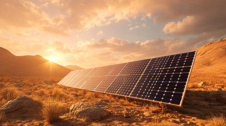 solar energy panels in the desert at sunset, 3d render