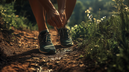 Young woman tying shoelaces on the trail in the forest.
